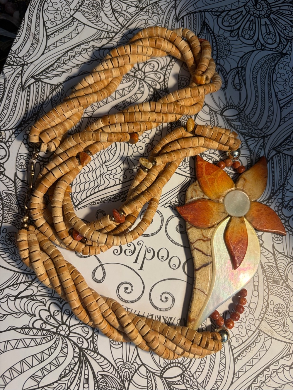 Handmade Tan Bead Necklace with Floral Pendant